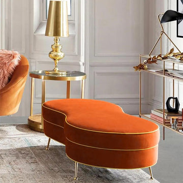 Modern Bench Orange Velvet Upholstered Bench Ottoman Bench Gold Leg Gold Bench